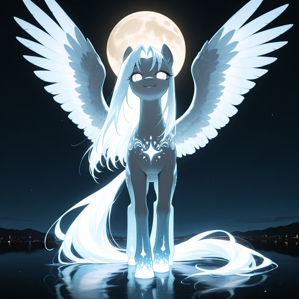 score_9_up, score_8_up, solo, pony body, mlp, Ellenai, Sephiroth (pony:1.4), (  wings made of Light:1.4), ( fur made of light:1.4), (long hair made of light:1.5),very bright glowing white eyes, eyes without pupils, full body, very bright white light, glowing, very bright glowing hair, glowing eyes, bodypaint, white paint,
She flies over a picturesque night sky, the full moon is visible and a wonderful landscape, she herself is depicted as an infinitely powerful goddess of light in all her splendor, she uses her power and radiates divinity,
smile, She looks at the viewer, <lora:uvlight-illu-sqbl-1.00:1><lora:GraphiteSketch_v3_Buns:0.55> gr4ph1t3v3, sketch,, masterpiece, best quality, amazing quality