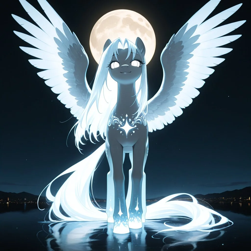 score_9_up, score_8_up, solo, pony body, mlp, Ellenai, Sephiroth (pony:1.4), (  wings made of Light:1.4), ( fur made of light:1.4), (long hair made of light:1.5),very bright glowing white eyes, eyes without pupils, full body, very bright white light, glowing, very bright glowing hair, glowing eyes, bodypaint, white paint,
She flies over a picturesque night sky, the full moon is visible and a wonderful landscape, she herself is depicted as an infinitely powerful goddess of light in all her splendor, she uses her power and radiates divinity,
smile, She looks at the viewer, <lora:uvlight-illu-sqbl-1.00:1><lora:GraphiteSketch_v3_Buns:0.55> gr4ph1t3v3, sketch,, masterpiece, best quality, amazing quality