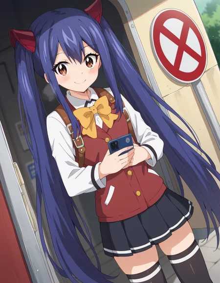score_9, score_8_up, score_7_up, source_anime, <lora:wendy-marvell-100yq-ponyxl-lora-nochekaiser:1>, wendy marvell, long hair, hair ornament, ribbon, hair between eyes, twintails, brown eyes, very long hair, blue hair,, skirt, thighhighs, bow, ribbon, pleated skirt, black thighhighs, bowtie, black skirt, zettai ryouiki, yellow bow, yellow ribbon, bus stop, waiting, commuter, smartphone, checking time, cold morning, smile, looking at viewer, hands on stomach, blush,, solo,, dutch angle,