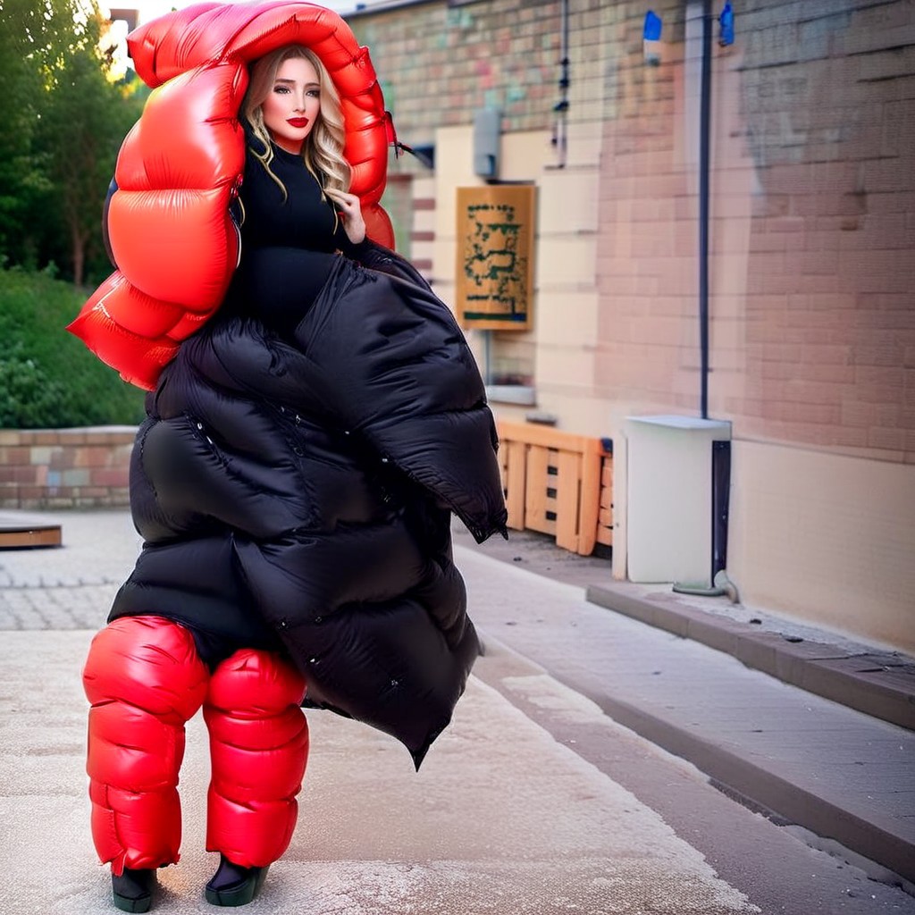 front very cute  stuning european blond very curvy women wearing a red((extra_puffy_adjusted_strait_full_closed_coat))  ((extra_puffy_hood)) ((fully_down_hooded)) ((very_high_down_collar)) ((down_glove)) ((down_puffer_boots)) 
,slim downcoat,closed coat,
long_legs, long_sleeves,  dress, high_neckbrace, lips, hand_fan, dress, city, street, winter, snow, walking, daytime, sun, sunlight,realistic_up_hood
<lora:Puffer_Jacket_and_Down_Jacket_-_Extra_Puffy_Jackets:0.9>
 <lora:VictorianBustleDress:0.6><Lora:Parkasite-XL:1.0