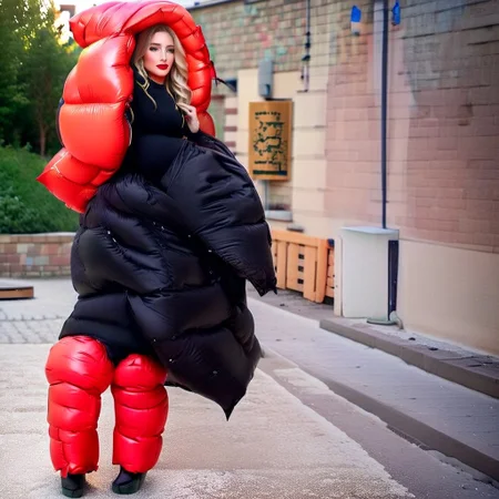 front very cute  stuning european blond very curvy women wearing a red((extra_puffy_adjusted_strait_full_closed_coat))  ((extra_puffy_hood)) ((fully_down_hooded)) ((very_high_down_collar)) ((down_glove)) ((down_puffer_boots)) 
,slim downcoat,closed coat,
long_legs, long_sleeves,  dress, high_neckbrace, lips, hand_fan, dress, city, street, winter, snow, walking, daytime, sun, sunlight,realistic_up_hood
<lora:Puffer_Jacket_and_Down_Jacket_-_Extra_Puffy_Jackets:0.9>
 <lora:VictorianBustleDress:0.6><Lora:Parkasite-XL:1.0