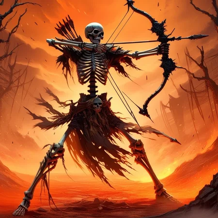 anime artwork skellies, skeletal warrior, aiming a longbow, fiery battlefield, raining ash, broken weapons, over-the-shoulder perspective, warm orange lighting, intense action, apocalyptic tone, <lora:Skeletal Warriors- sdxl1.0:1> . anime style, key visual, vibrant, studio anime, highly detailed