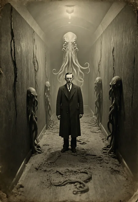 antique photo, eerie atmosphere, creepy, descent into madness, cthulhu mythos, nameless ones, horror, lovecraft, <lora:Antique_Photo:1>