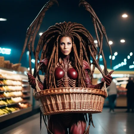 cinematic photo a science fiction monster woman, dreadlocks, holds a basket in grocery shopping <lora:InfestedKerrigan1024:0.8> . 35mm photograph, film, bokeh, professional, 4k, highly detailed