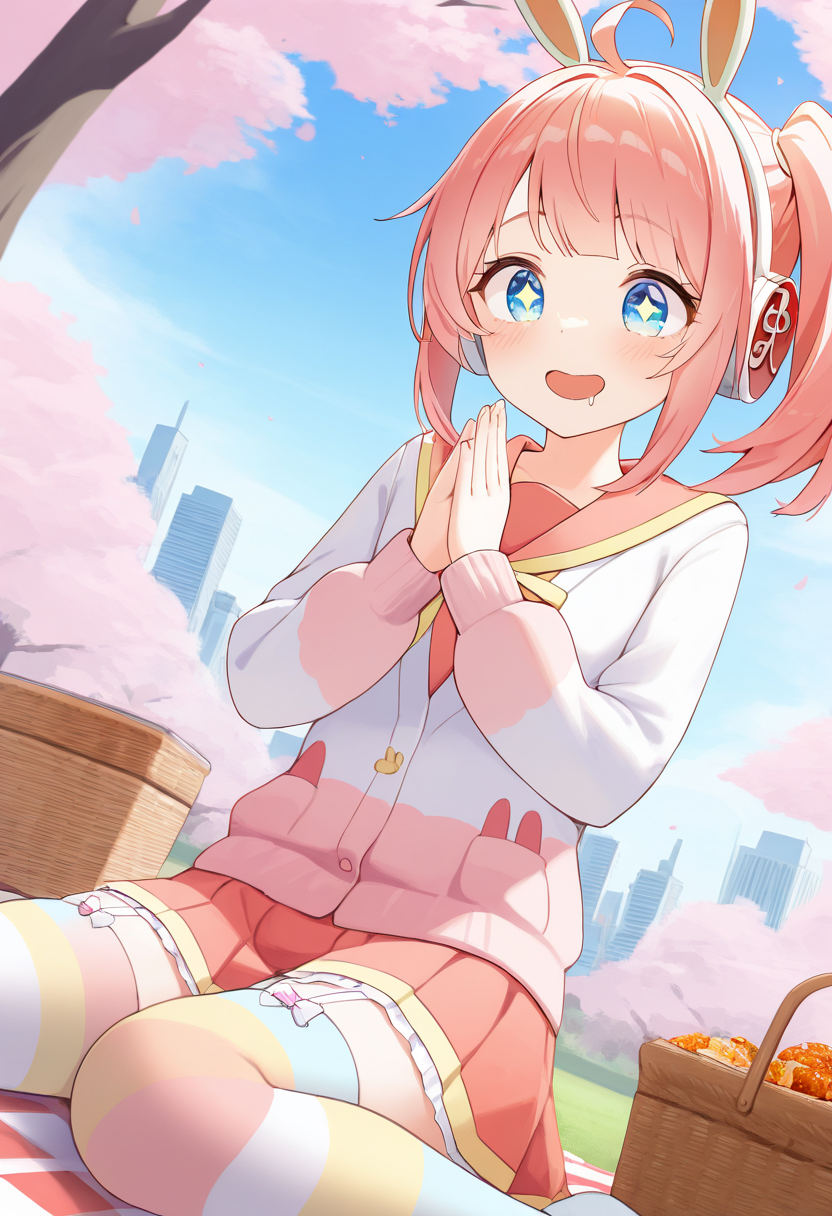 1girl,solo,<lora:HBSmeuil:0.9>,meu_meu,blue eyes,sparkling eyes,pink hair,side ponytail,headphones,fake animal ears,ahoge,flat chest,multicolored clothes,school uniform,long sleeves,pleated skirt,garter straps,striped thighhighs,multicolored legwear,cowboy_shot,looking_at_food,looking_down,dynamic_angle,park,food,picnic,cherry blossoms,day,smile,sitting,wariza,palms_together,open mouth,drooling,masterpiece,best quality,good quality,newest,incredibly absurdres,cityscape,picnic basket,