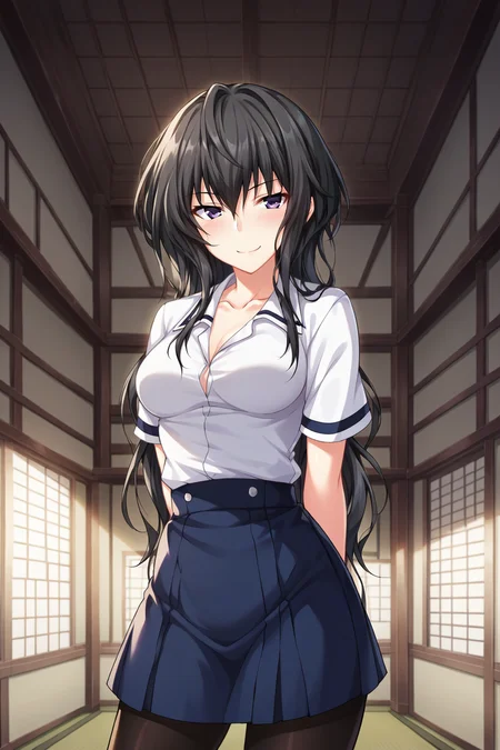 score_9, score_8_up, score_7_up, source_anime, 1girl, prefect lighting, very aesthetic, intricate details, highly detailed background, masterpiece, high quality, prefect hands, best quality, solo,
<lora:Benkei_Majikoi_V1:.75>, black hair, dark purple eyes, long hair, hair between eyes,
white school uniform, blue skirt, white collar shirt, open collar, collarbone, black pantyhose,
from below, looking at viewer,
standing, arms behind back, smirk, blush, leaning forward,
east asian architecture, dim lighting, inside, morning,
(Beautiful, medium Breasts:1.2), natural breasts,