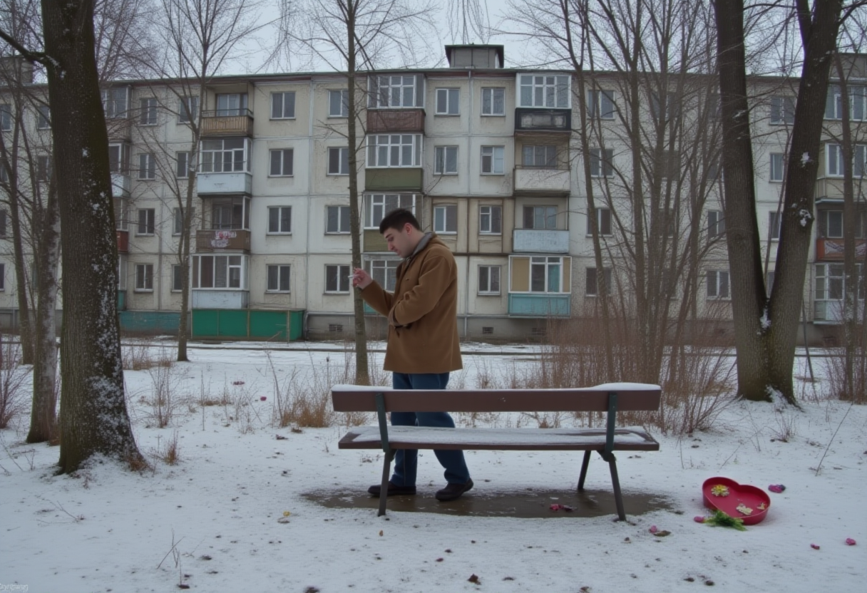 cinematic photo hyperrealistic art post-soviet, panel building, panelki, winter, A man stands in the park with his back to a bench with a bouquet of roses and a heart-shaped box of chocolates lying on it and lights a cigarette  . extremely high-resolution details, photographic, realism pushed to extreme, fine texture, incredibly lifelike . 35mm photograph, film, bokeh, professional, 4k, highly detailed