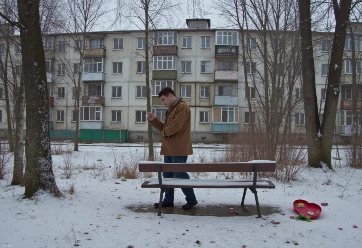 cinematic photo hyperrealistic art post-soviet, panel building, panelki, winter, A man stands in the park with his back to a bench with a bouquet of roses and a heart-shaped box of chocolates lying on it and lights a cigarette . extremely high-resolution details, photographic, realism pushed to extreme, fine texture, incredibly lifelike . 35mm photograph, film, bokeh, professional, 4k, highly detailed