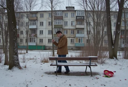 cinematic photo hyperrealistic art post-soviet, panel building, panelki, winter, A man stands in the park with his back to a bench with a bouquet of roses and a heart-shaped box of chocolates lying on it and lights a cigarette . extremely high-resolution details, photographic, realism pushed to extreme, fine texture, incredibly lifelike . 35mm photograph, film, bokeh, professional, 4k, highly detailed