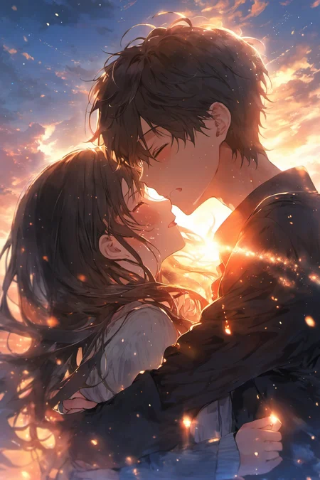 face focus, cute, masterpiece, best quality, 1boy,1girl, hugging, kissing, sunset background, light particle, solo, standing, pixiv, depth of field, cinematic compotision, best lighting, looking upï¼tears, , weeping,