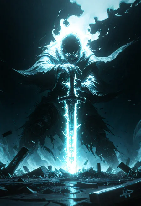 dynamic angle, unusual angle, dynamic, dynamic composition, single sword, runic engraving, runes, sould of the damned, broken sword, broken, damaged
In the dim, flickering light, a sinister shadowy figure emerges, its presence cloaked in an air of mystery. (Looking at the viewer with sinister smile:1.3) Slowly, it reaches out toward the hilt of the shattered runic sword, its movements deliberate yet hesitant. The ancient engravings on the hilt begin to pulse faintly, glowing like a dying ember, their light casting eerie shadows across the figure’s outstretched hand. The closer it gets, the air grows colder, heavy with an otherworldly presence. From the jagged break in the blade, spectral wisps begin to unfurl, curling and twisting like smoke, their forms coalescing into ghostly faces etched with agony. Whispers fill the air—soft at first, but rising into a cacophony of tormented wails. The figure’s hand trembles as its fingers hover just above the hilt, as though sensing the weight of the cursed power it is about to claim. Finally, with a sharp intake of breath, the hand closes around the sword. The runes ignite with a blinding light, and the escaping souls recoil, writhing in both fear and fury.