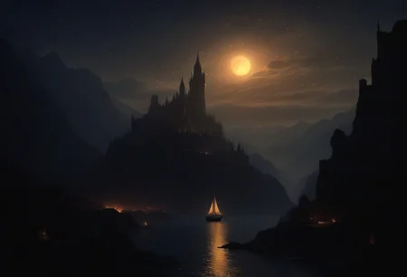 beautiful city, lakeshore, sunset, sailing vessel, mountains in the distance, some faint stars in the sky,castle, dark, chiaroscuro, low-key, DarkFantasy, Dark Fantasy page, meteors streaking