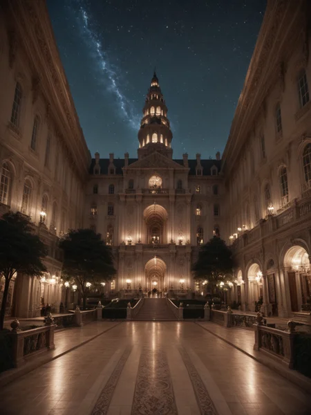 score_8-up, score_7_up, high point of view, night, stars, impressive scenery, general view, massive monument, majestic building with perfect architecture, large dome, straight lines, park with foutain, detailed sculptures, perfect contrasts, detailed dark shadows, lossless details highlights, innovative composition <lora:Majestic-Fantasy-Architecture-V2_ponyXL_LOREVER:0.7> mafarch, outdoors, geometric shapes, bold colors, luxurious, elegant, decorative, ornate