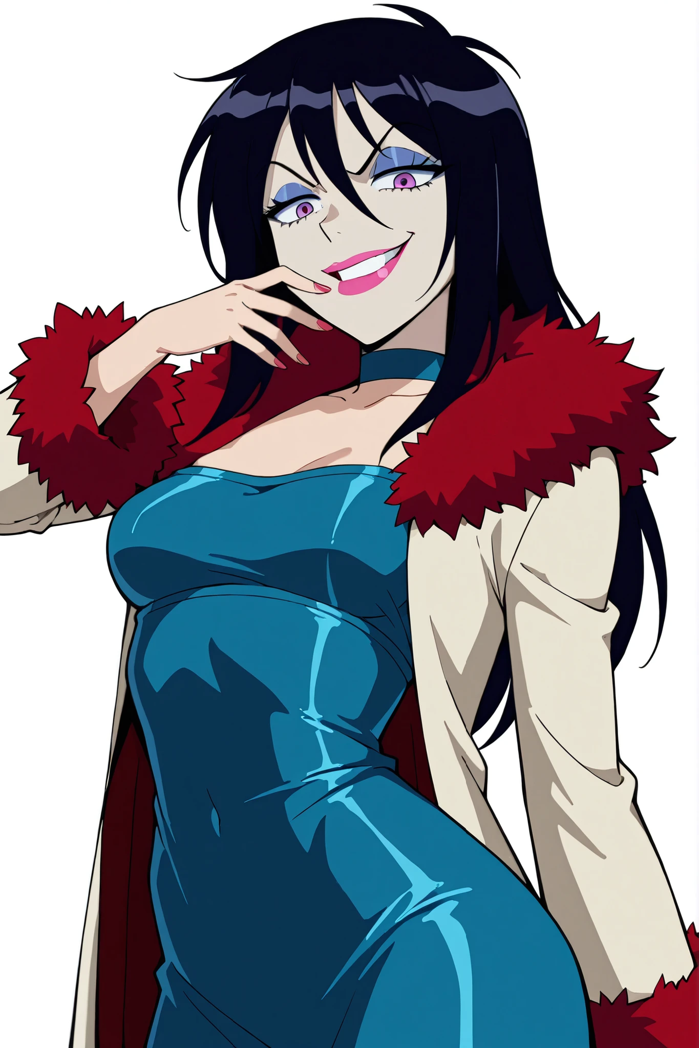 masterpiece, best quality, amazing quality, 1girl, solo, BREAK
vanityts, long hair, black hair, purple eyes, makeup,coat, red feather, blue dress,choker,lipstick, 
BREAK ,simple white background, looking at viewer,cowboy shot, evil smile