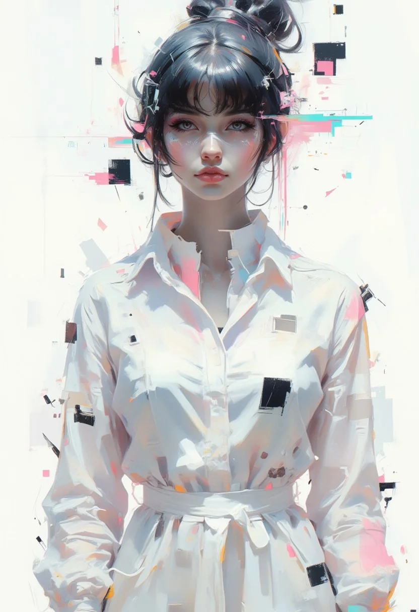 aidmaimageupgrader, female character in the center, minimalist composition, geometric patterns, glitchcore aesthetic, white space, worn textures, soft gradients, subtle digital distortion, muted neon accents, ethereal lighting, fragmented glitch effects, abstract shapes, delicate futuristic fashion, glowing holographic details, broken symmetry, faded digital artifacts, serene atmosphere, subdued color palette, glitching outlines, soft focus background, minimal futuristic setting, degraded glitch effects, dreamlike ambiance, quiet elegance,pscho_4rt