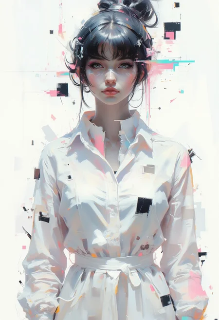 aidmaimageupgrader, female character in the center, minimalist composition, geometric patterns, glitchcore aesthetic, white space, worn textures, soft gradients, subtle digital distortion, muted neon accents, ethereal lighting, fragmented glitch effects, abstract shapes, delicate futuristic fashion, glowing holographic details, broken symmetry, faded digital artifacts, serene atmosphere, subdued color palette, glitching outlines, soft focus background, minimal futuristic setting, degraded glitch effects, dreamlike ambiance, quiet elegance,pscho_4rt