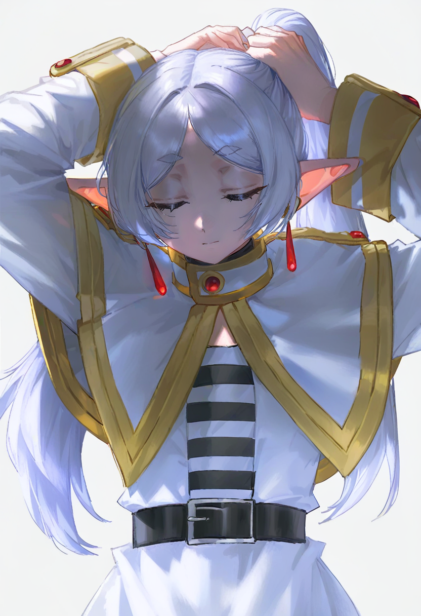 frieren, 1girl, solo, pointy ears, closed eyes, jewelry, long hair, white background, belt, earrings, arms up, simple background, closed mouth, long sleeves, capelet, dress, bangs, white capelet, parted bangs, white dress, elf, tying hair, grey hair <lora:quasarcakeXL_NBVP1_lokr_V6311P:0.95>
