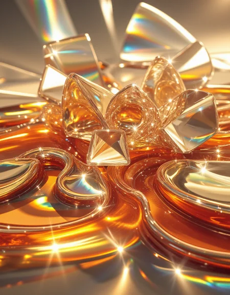 An abstract composition showcasing a fusion of fine-cut glass shards and flowing liquid marble forms. The glass elements are sharp and precise, reflecting light in shimmering gold and fiery orange tones. The liquid marble flows seamlessly through the glass, creating dynamic, rippling patterns. The background features a holographic effect with opalescent tones that shift with perspective. Pulsating light effects cast reflections and subtle shadows, enhancing the surreal and dreamlike quality of the design.
<lora:ral-kntcscptr-flux:1> <lora:Fine-Cut_Glass_Flux:1>