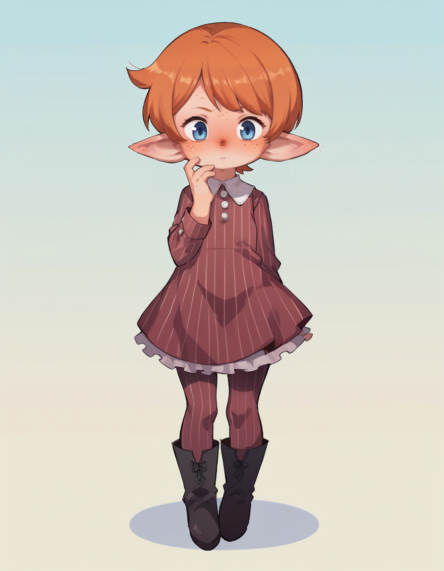 score_9, score_8_up, score_7_up, score_6_up, score_5_up, score_4_up, solo, 1girl, solo,
<lora:Orenji v3:1> orenji, velvet dress, over the knee boots, pinstripe pantyhose, shortstack, <lora:Popipi_v1:0.6> popipi, (lalafell), blue eyes, dark nose, freckles, orange hair, short hair, pointy ears, swept bangs,