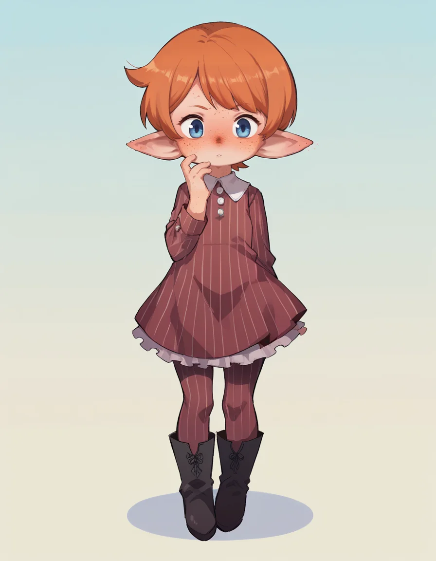 score_9, score_8_up, score_7_up, score_6_up, score_5_up, score_4_up, solo, 1girl, solo,
<lora:Orenji v3:1> orenji, velvet dress, over the knee boots, pinstripe pantyhose, shortstack, <lora:Popipi_v1:0.6> popipi, (lalafell), blue eyes, dark nose, freckles, orange hair, short hair, pointy ears, swept bangs,