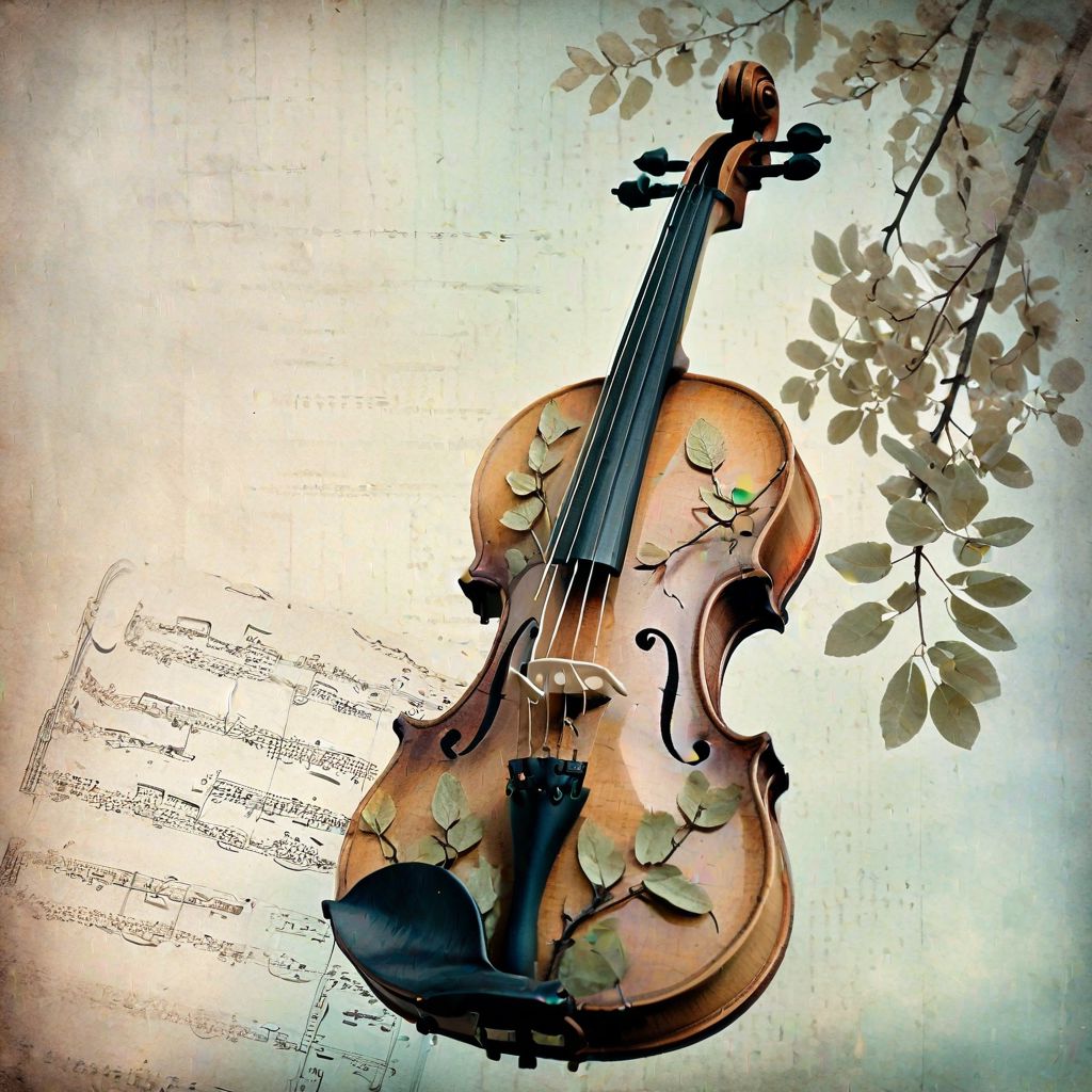weathered violin, double exposure, gnarled tree branches, delicate spring leaves, muted color palette, textured, (organic textures:1.2), (macro details:1.2), hidden melodies, (faint sheet music:1.1)