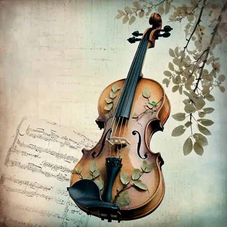 weathered violin, double exposure, gnarled tree branches, delicate spring leaves, muted color palette, textured, (organic textures:1.2), (macro details:1.2), hidden melodies, (faint sheet music:1.1)