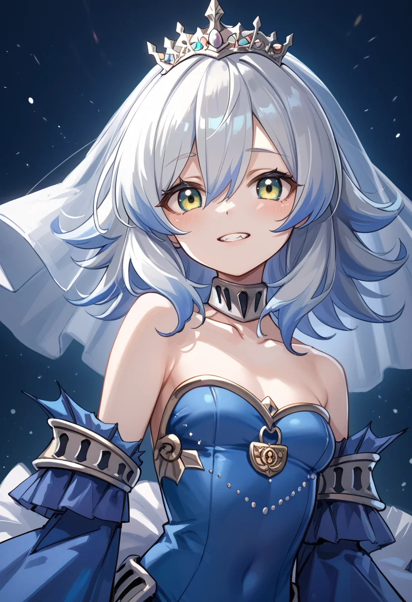 (score_9:0.9),score_8_up,score_7_up,rating_safe,anime style,(zPDXL),(zPDXL3),<lora:Tearlaments Merrli ponyXL v1.1:0.7>,sleeves past wrists, tearlaments merrli, silver tiara, blue detached sleeves, mermaid, 1girl, solo, upper body, collarbone, small breasts, teeth, white colored skin