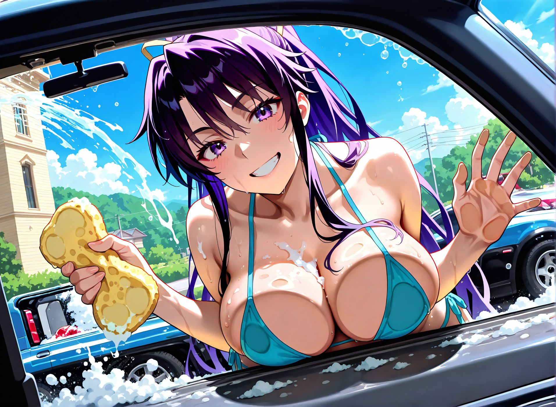 masterpiece, best quality, newest, absurdres, highres, detailed eyes, beautiful, detailed background, perfect eyes, anime coloring, anime screencap,
<lora:breast_wiper:0.7>breast_wiperV1,
grin, smile, teeth, breasts on glass, leaning forward,  washing vehicle, car wash, soap bubbles, sponge,
wet, against glass, holding sponge, hand on glass,  vehicle interior,architecture, car wash \(place\), 
day, sky, solo, dutch angle, against glass, bikini,hands on glass,
BREAK
toaru kagaku no railgun, 
Kamijou Touma,　
kanzaki kaori, 
adult couple, 20YO,