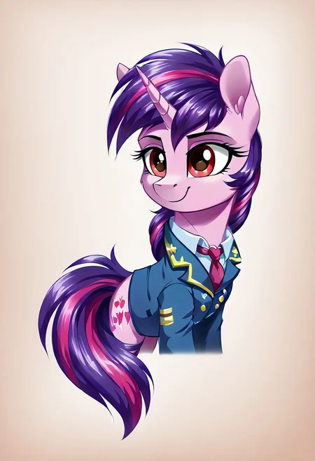 masterpiece, score_9_up, score_8_up, score_7_up, score_6_up, (best quality:1.1), ultra-detailed, high resolution, 1character, Pony, pony Equestria, unicorn, mlp, woman, feral, pink skin, one red love heart of the cutie mark, full purple tail, full purple mane, long eyelashes, single horn, ears, closed mouth, detailed facial features, expressiveh, Equestria background, highly visible, sharp focus, anatomically correct, Equestria at War, Portrait of the leader, looking at the camera, smile, She's looking at the other side