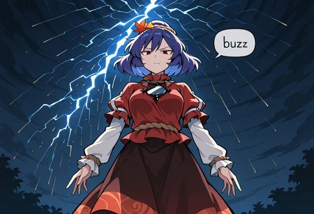 masterpiece, best quality, aesthetic, detailed, memoriesofphantasm, BREAK, 1girl, (Kanako Yasaka), floating at sky, imposing, look at viewer, dark sky, thunderstorm, bottom view, give buzz, speech bubble