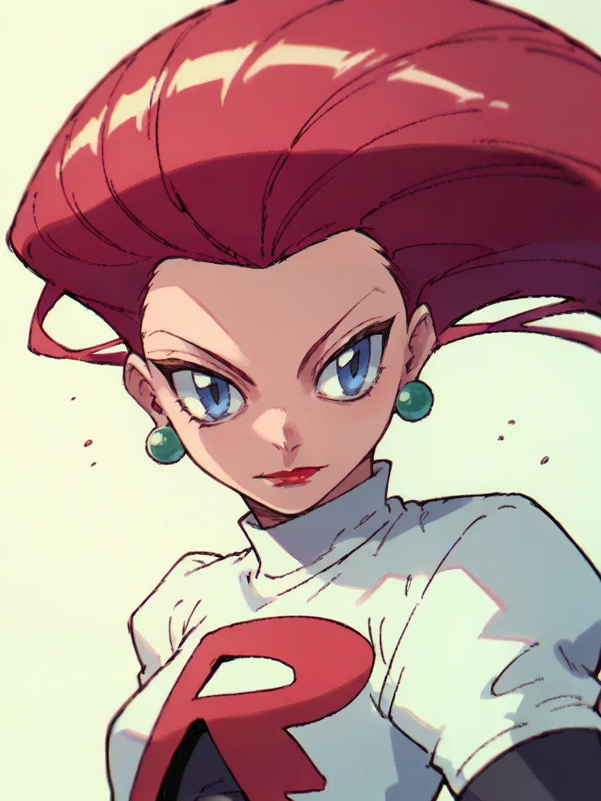 score_9, score_8_up, score_7_up, score_6_up, score_5_up, <lora:gachiakutaXLP:1> gachiakuta, <lora:JessieTR:1> jessietr, 1girl, hair slicked back, solo, long hair, team rocket uniform, red hair, blue eyes, red lips