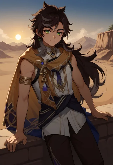 score_9, score_8_up, score_7_up, source_anime, highly detailed,
sethos, 1boy, male focus, solo, dark skin, dark-skinned male, multicolored hair, two-tones hair, streaked hair, brown hair, black hair, long hair, green eyes, shirt, white shirt, sleeveless, cape, orange cape, sash, pants, brown pants, smile, closed mouth
outdoor, desert, sun, dunes,
