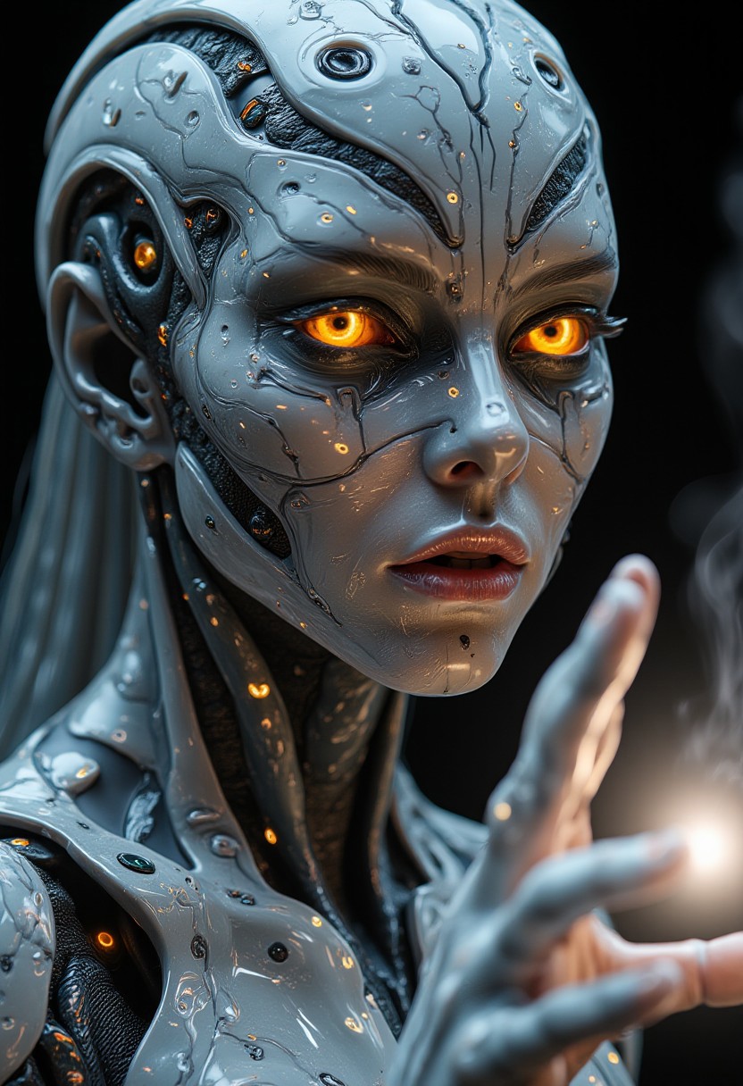 imagine extreme close-up, cybernetic mythpunk woman, with liquid marble white skin with gray veins, detailed yellowish-orange mechanical eyes, subtle neon implants. Partially concealed expression, hinting at ancient secrets. Single abstract light source, rim lighting through mist, soft ethereal glow. Wearing a carbon fiber mechanical exosuit with intricate glowing runes. Casting a spell, opening a portal within an alien cave – a futuristic mad scientist's lab. Profound mystery, quiet intensity.