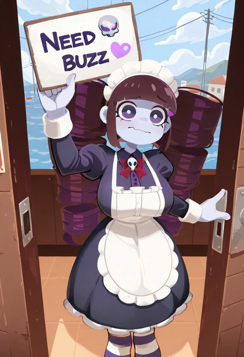 Dutch angle, 1girl, Lillith \(wheatly101)\, tall girl, fit, large cylindrical twin-drill pigtails shaped like barrels, straight-cut blunt bangs, dark brown hair, purple hair bowtie behind head, pale purple-gray skin, colored skin, long hair, wavy mouth, (((holding sign, "NEED BUZZ")))
striped stockings, skull brooch, red bowtie, maid outfit, victorian dress, white apron, frilled skirt, dark purple dressstriped stockings, skull brooch, red neck bowtie, purple hair bowtie, maid outfit, victorian dress, white apron, frilled skirt, dark purple dress
No lineart, no_outlines,
((8k, Ultra HD)), (foreshortening:2), depth of field, ((Detailed background :1.5)), ((Masterpiece)), ((Best quality)), ((Detailed)), amazing quality, very awa, highres, absurdres, contrapposto