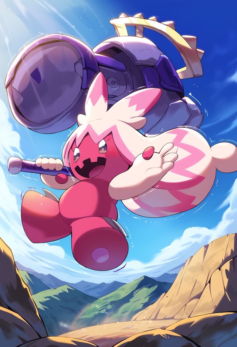 solo, tinkaton, pokemon (creature), hammer, holding hammer, mouth open, BREAK  jumping, hammer above head, shaking hammer, rocks, BREAK  outdoors, mountains background, colorful, day, angle view, dutch angle, BREAK ((ultra-detailed)), ((best quality)), ((best quality)), ((beautiful eyes)), ((extremely detailed)), 4K, (8K), best quality, (beautiful), Master piece, highres, score_9, score_8_up, score_7_up, score_6_up, score_5_up, score_4_up, colorful, best quality, masterpiece, nai3, god light, detailed background, high quality background, anime style,source_anime, AddXL