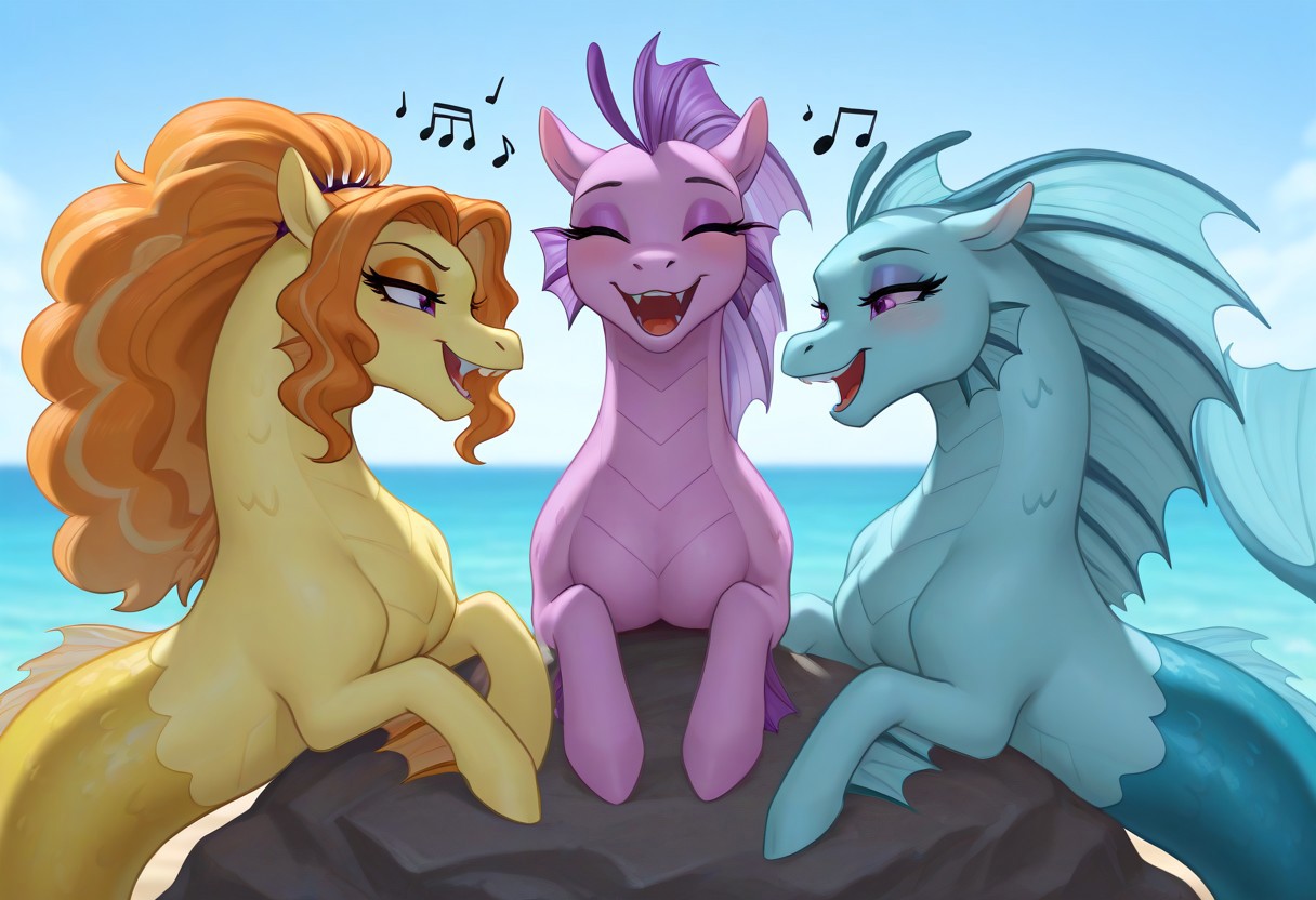 masterpiece, best quality, very aesthetic,  <lora:EqG_Siren-Hippocampus_Illustrious:0.7> siren, anthro hippocampus, fins, head frill, mermaid tail, merpony, fangs, teeth, (adagio dazzle, sonata dusk, aria blaze), mlpeg, my little pony eg, trio, anthro, medium breasts, nipples, 3girls, colored skin, beach, furry, ((horny, sedductive face, sedductive smile)), open mouth, singing together, music notes, long hair, eyeshadow, detailed eyes, (face focus), close to each other, sits on rock, siren song