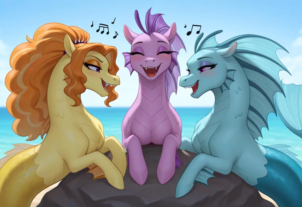 masterpiece, best quality, very aesthetic, <lora:EqG_Siren-Hippocampus_Illustrious:0.7> siren, anthro hippocampus, fins, head frill, mermaid tail, merpony, fangs, teeth, (adagio dazzle, sonata dusk, aria blaze), mlpeg, my little pony eg, trio, anthro, medium breasts, nipples, 3girls, colored skin, beach, furry, ((horny, sedductive face, sedductive smile)), open mouth, singing together, music notes, long hair, eyeshadow, detailed eyes, (face focus), close to each other, sits on rock, siren song