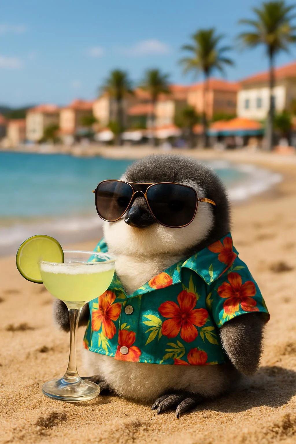 Generate me a  tiny cute fluffy penguin with a hawaiian shirt and sunglasses drinking a margarita on the beach in a resort town.  cute, fluffy, realistic, 8k, uhd, high quality, depth of field,