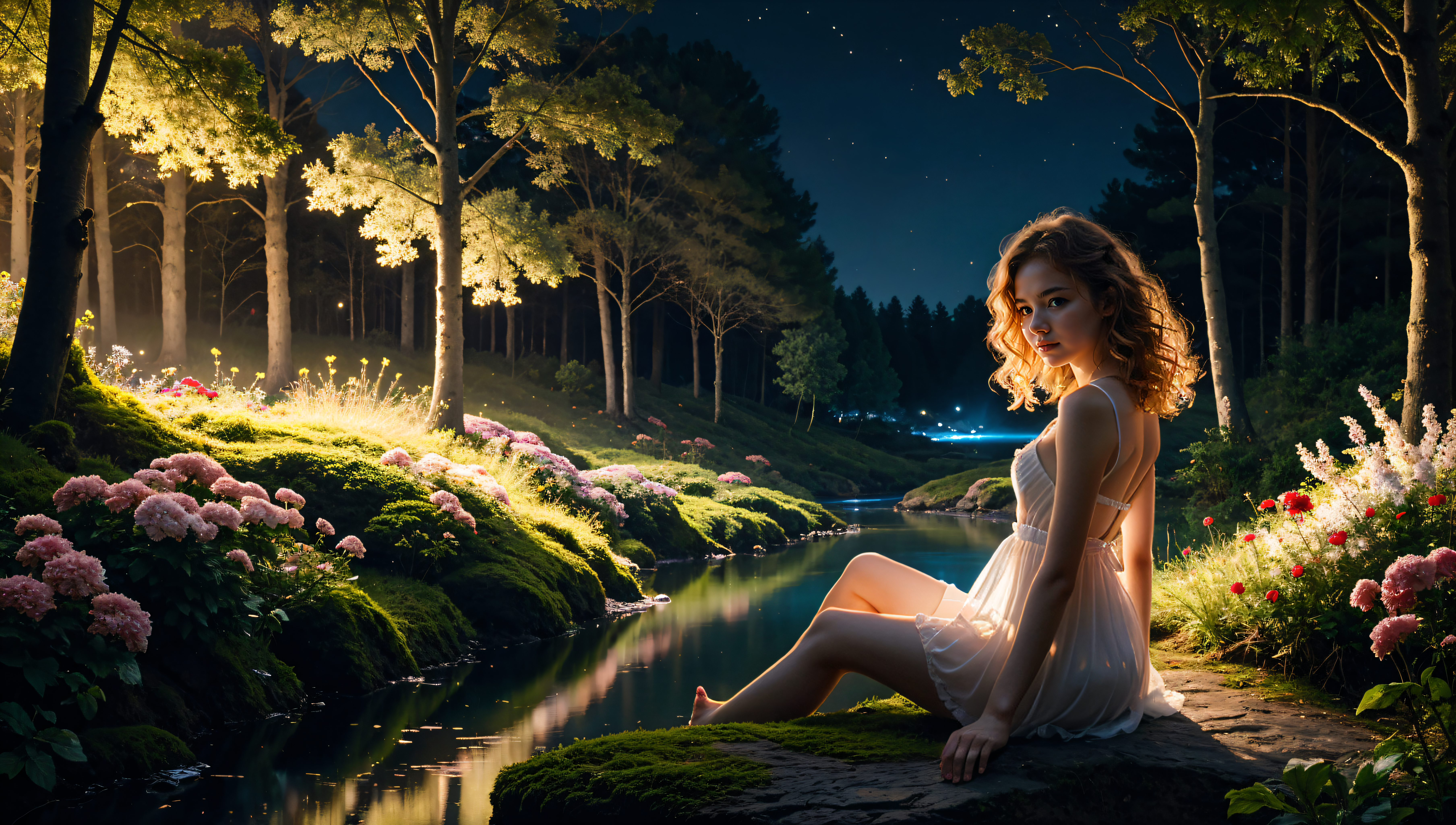 (detailed realistic background:1), (official art, beautiful and aesthetic:1 ), realistic lighting, cinematic lighting, hyperrealism, soothing tones, muted colors, high contrast, soft light, sharp, artistic photoshoot, FeyFa, forest, trees, middle, path, waterfall, through, background, stream, flowers, lights, BREAK  in the foreground sitting a fairy, in back of her house, light, (cute, petite), slender, european, pale cheeks, square face shape with angular jaw, natural makeup, ginger hair, (wavy bob hair:1.1), wearing see-through gossamer fairy short dress, night time, darkness,  <lora:age_slider_v2:-1.5> <lora:quality1:1> <lora:FeyAndFairies:0.4>