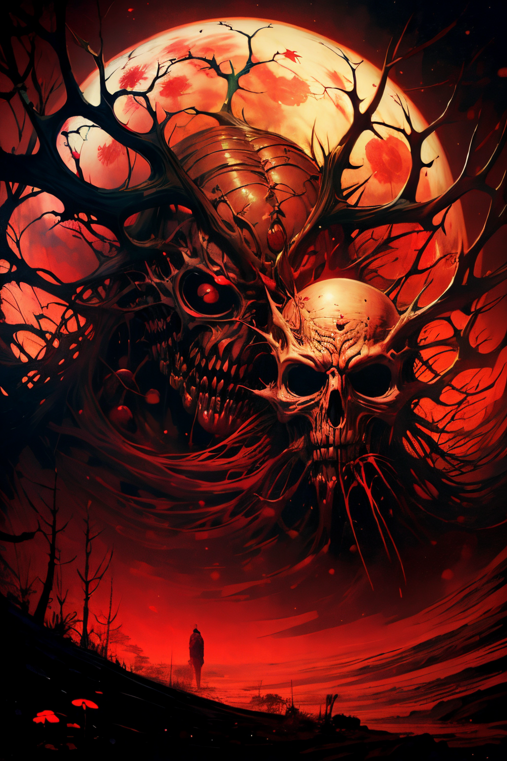 (Realistic:1.5) EdobHorrorLandscape , realistic, grass, gas mask, dark, silhouette, tree, male focus, red moon, antlers, eldritch abomination, <lora:EdobHorrorLandscape_v1.0:0.8>