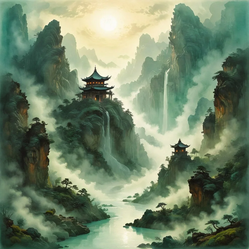 (Ink illustration on parchment, watercolor, ink splashes, Ukiyo-E). ((watercolor)), ((Chinese landscape)), Pagodas, Red-Trees, landscape focus, small figure off-side, Chinese Mountains, Rivers, Clouds, with watercolor washes, (((verdant green landscape))), (((mist, waterfalls))), trees, lush foliage, endless karth mountains that stretch outward to the horizon, a lone woman traversing the landscape!! wearing a bright blue cloak to make the miniscule figure stand out in a landscape dotted with the ruins of an ancient destroyed civilisation, crumbling stone, degraded buildings and temple, a long magical aurora borealis stretching across the sky, a broken moon high in the sky partially turned into an asteroid belt, a Saturn-like ringed-planet world, flickers of magical energy illuminating the land, in the far distance a giant wall of smoke is rising from the shattered earth in which a multitude of faces are forming and screaming, Ink splashes, rough ink sketch, Ghibli style, high contrast, stylized, dark skin, close up on face, head and shoulder, leather medieval top with lowered hood, Art Nouveau Style, detailxl, BadDream, dioramas,