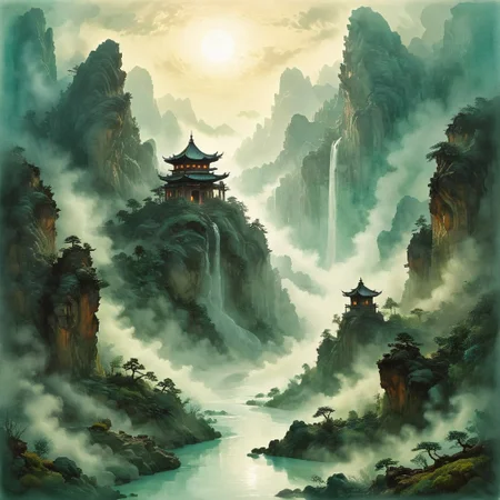 (Ink illustration on parchment, watercolor, ink splashes, Ukiyo-E). ((watercolor)), ((Chinese landscape)), Pagodas, Red-Trees, landscape focus, small figure off-side, Chinese Mountains, Rivers, Clouds, with watercolor washes, (((verdant green landscape))), (((mist, waterfalls))), trees, lush foliage, endless karth mountains that stretch outward to the horizon, a lone woman traversing the landscape!! wearing a bright blue cloak to make the miniscule figure stand out in a landscape dotted with the ruins of an ancient destroyed civilisation, crumbling stone, degraded buildings and temple, a long magical aurora borealis stretching across the sky, a broken moon high in the sky partially turned into an asteroid belt, a Saturn-like ringed-planet world, flickers of magical energy illuminating the land, in the far distance a giant wall of smoke is rising from the shattered earth in which a multitude of faces are forming and screaming, Ink splashes, rough ink sketch, Ghibli style, high contrast, stylized, dark skin, close up on face, head and shoulder, leather medieval top with lowered hood, Art Nouveau Style, detailxl, BadDream, dioramas,