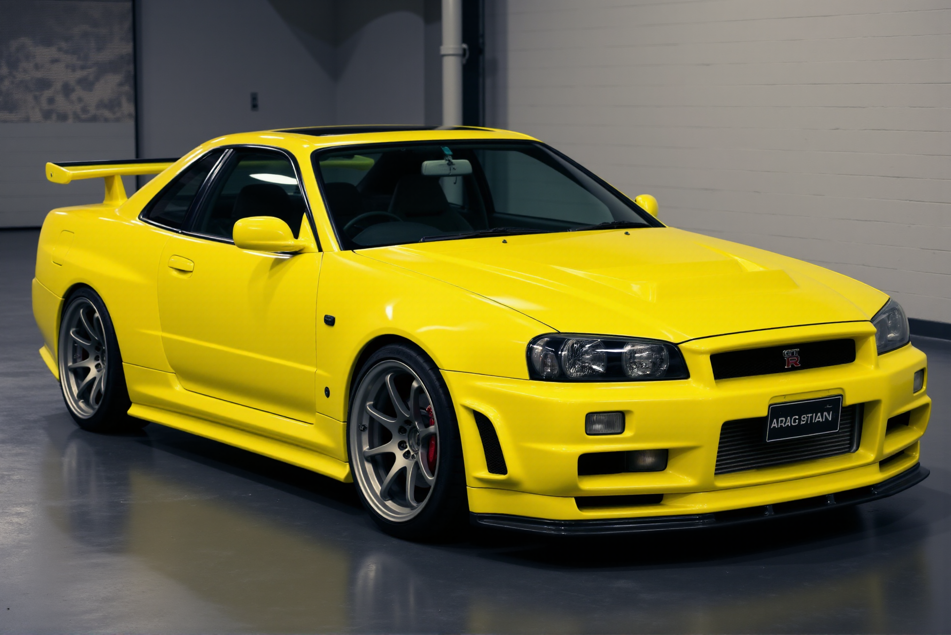 <lora:Nissan_Skyline_GT-R_R34:0.85> A yellow Nissan Skyline GT-R R34 from '90.
 (Extremely shiny and reflective high gloss finish with bright glints:1.2).