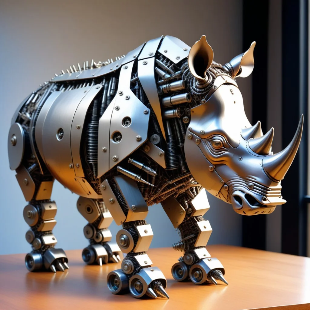 a rhino made out of Reused machinery parts and Screws, photorealistic, full of details, on an Office desk