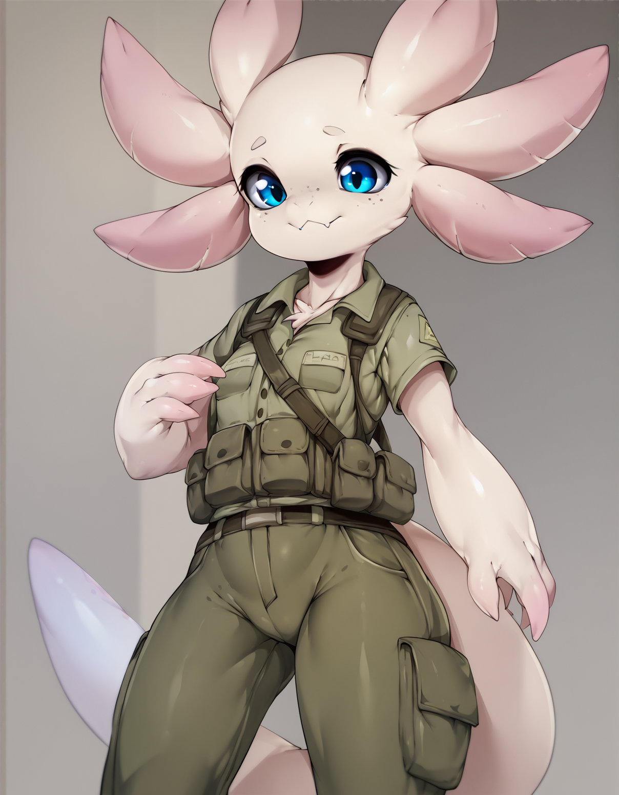 zPDXL3,<lora:axolotl_XL:0.8>,art by Slugbox,soldier,axolotl,female,tail,shirt,standing,pants,, <lora:PDXL_artist_tags_v2_big:1>,anthro,furry