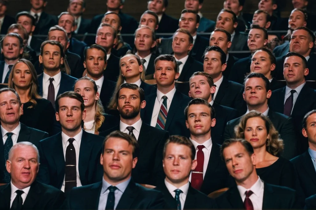 photo of a large group of people in suits and ties sitting in a large concert hall, (many faces),