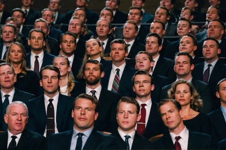 photo of a large group of people in suits and ties sitting in a large concert hall, (many faces),