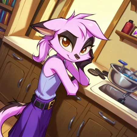 Dreamkeepers,1girl,Prelude_Vi,solo,furry,tail,source_furry,hazel eyes,
masterpiece, child, kid,
highres, hi res, best quality, masterpiece, long hair, sleeveless, shirt, belt, skirt,,
light smile, dutch angle, naughty pose, looking at viewer, indoors, house, solo, dynamic pose, cowboy shot, head tilt, from above, head focus, hand on own cheek, from side, very expressive face,