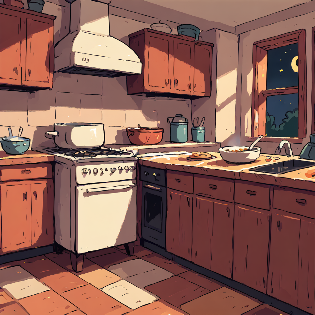 TarotArtStyleCats, house, indoors, kitchen, night sky, 1girl, simple art style <lora:ArtStyleCats:1>