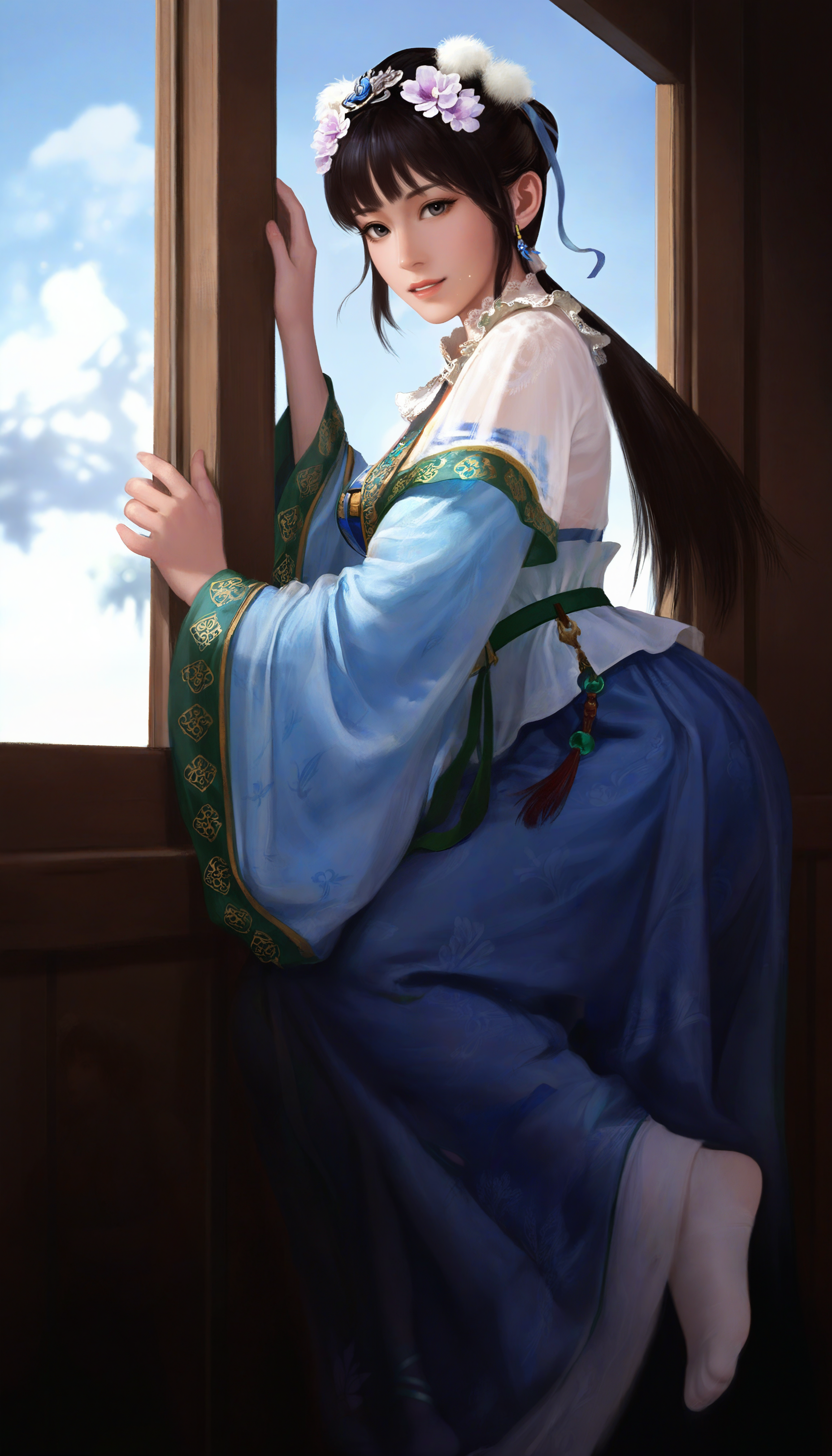 masterpiece,best quality,amazing quality,
<lora:wangyuanjiNAI:1>,wangyuanji,realistic,
1girl,solo,black hair,blunt bangs,updo,low ponytail,white scrunchie,hair ornament,white hair pom pom,purple hair flower,blue hair ribbon,blue earrings,
grey eyes,
necklace with blue gem,lace collar,short sleeve sheer cardigan,blue chest-high skirt,blue detached sleeves with green trim,white waist sash,green waist belt,green waist belt,
white lace socks,no shoes,
looking to the side,(from side:1.2),leaning on window,hands on window frame,blue sky,cloud,window,indoors,depth of field,soft lighting,light particles,fog,